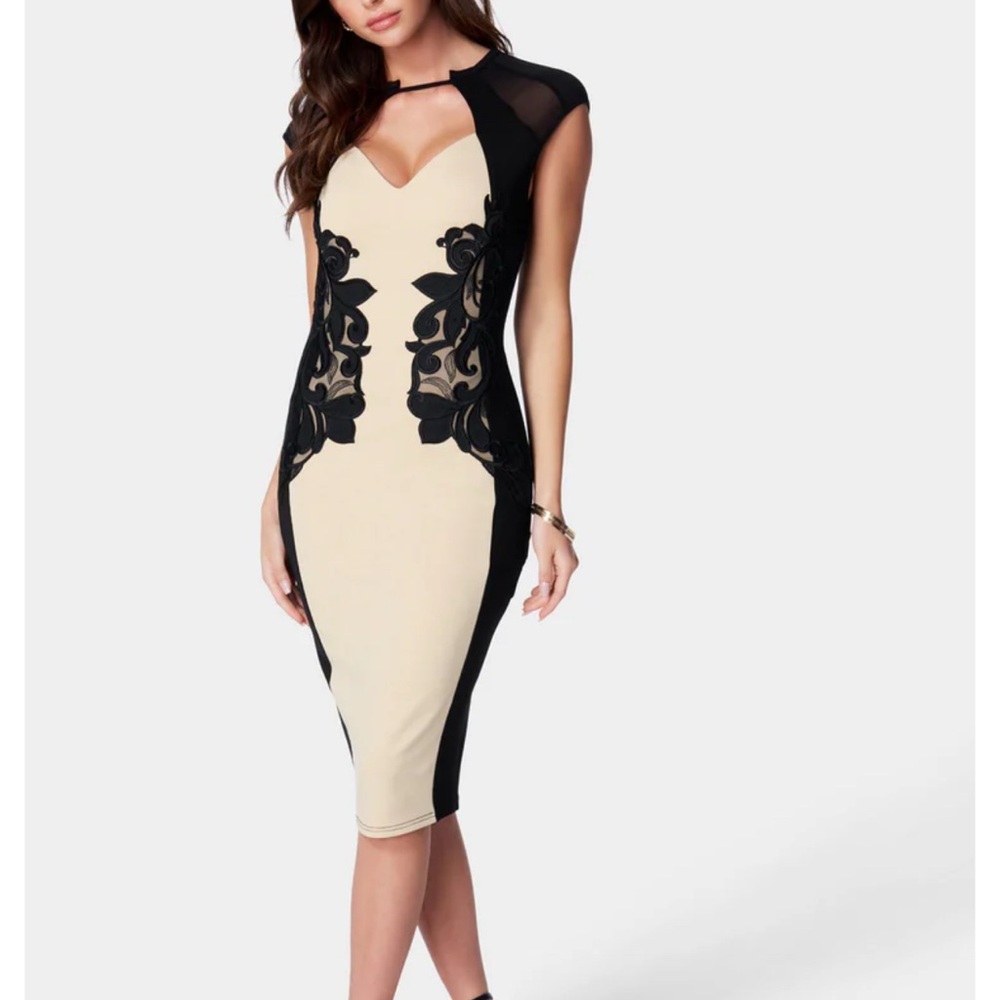 Bebe Cream and Black Bodycon Midi Dress Sweetheart Neckline